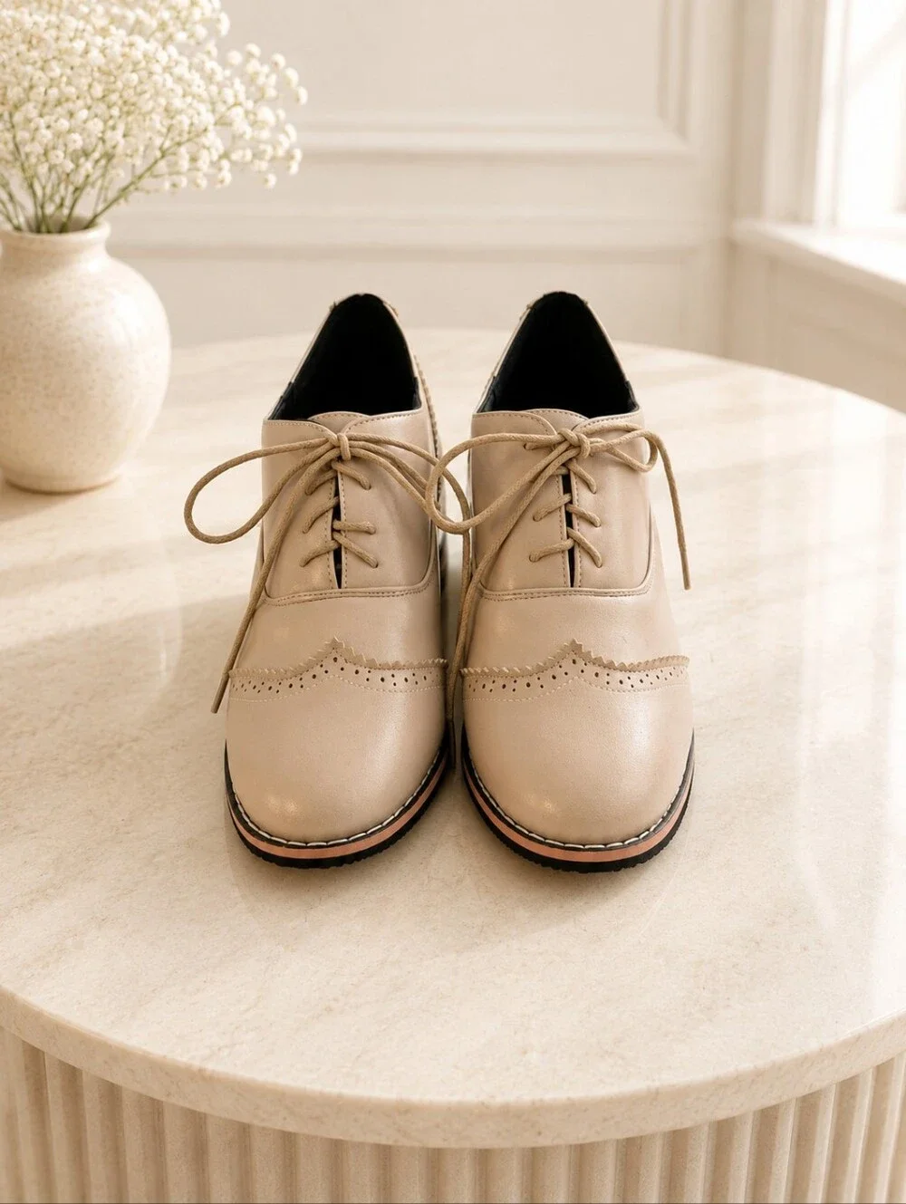 Taupe Brogue Oxford Pumps | Cottagecore Academia Lace-Up Heels EU 41 - Picture 2 of 5